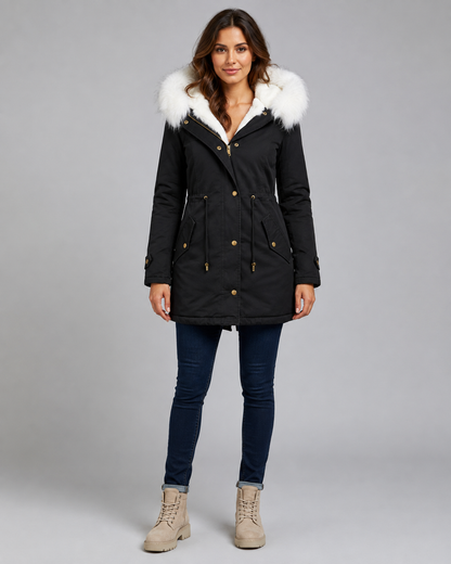 Fur Trim Hooded Long Parka Jacket with Drawstring Waist