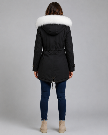 Fur Trim Hooded Long Parka Jacket with Drawstring Waist