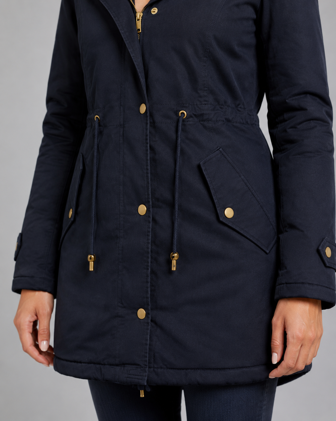 Fur Trim Hooded Long Parka Jacket with Drawstring Waist