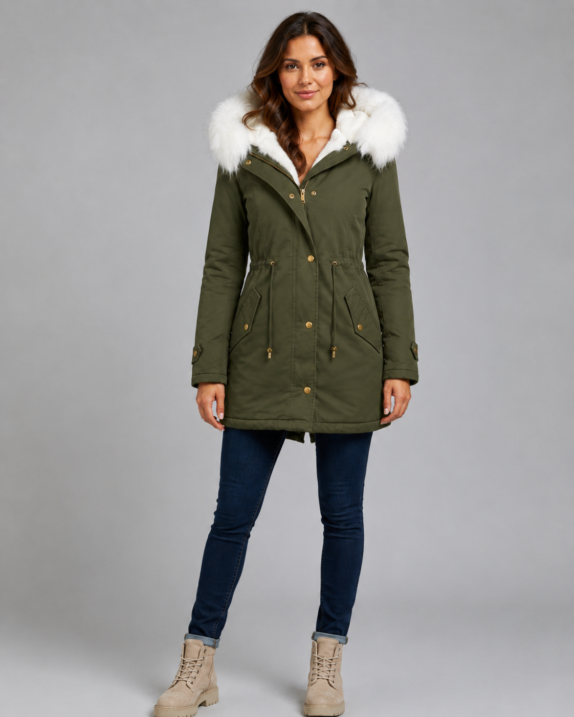 Fur Trim Hooded Long Parka Jacket with Drawstring Waist