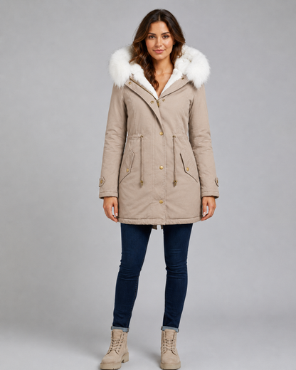 Fur Trim Hooded Long Parka Jacket with Drawstring Waist