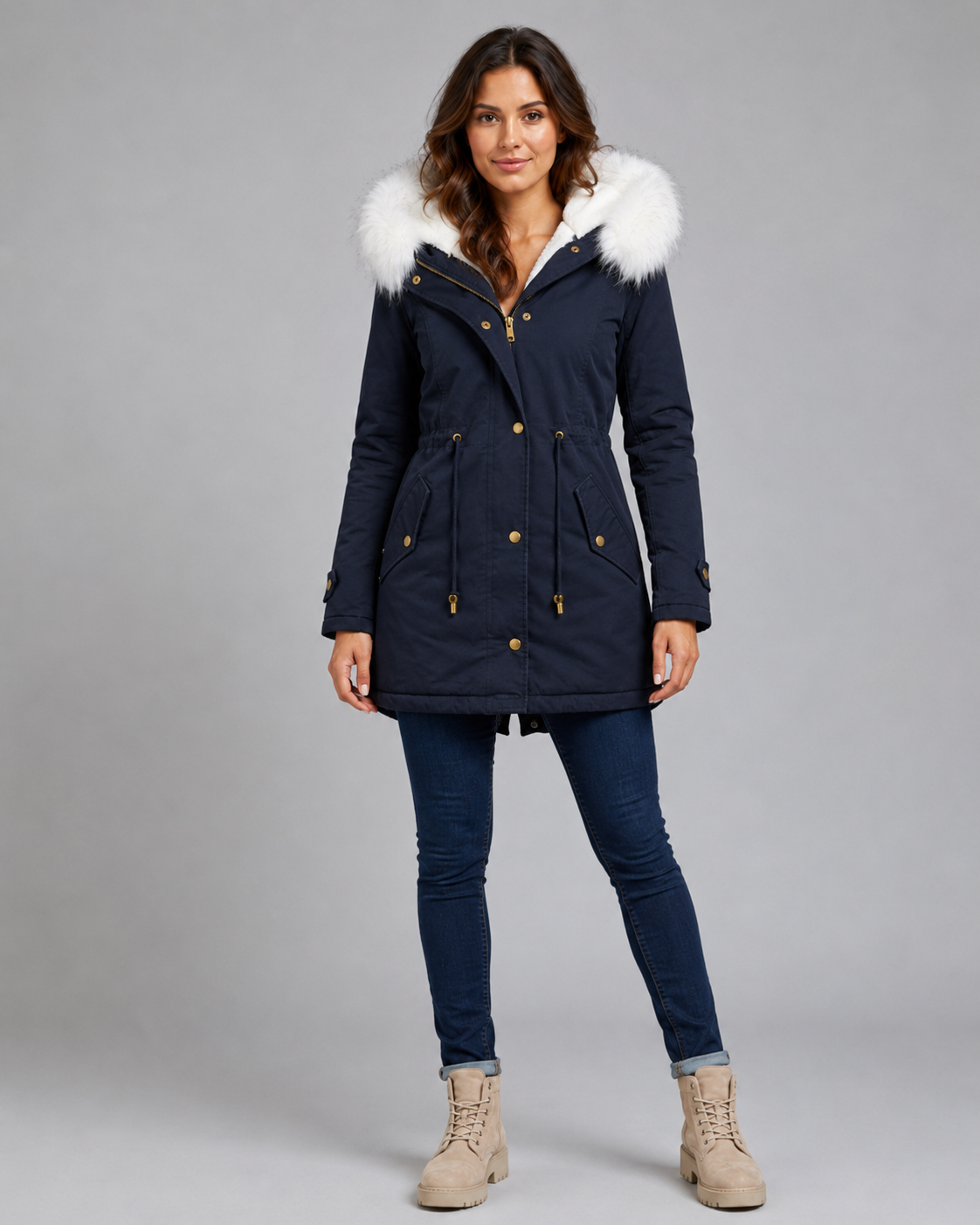 Fur Trim Hooded Long Parka Jacket with Drawstring Waist