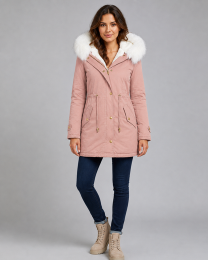 Fur Trim Hooded Long Parka Jacket with Drawstring Waist