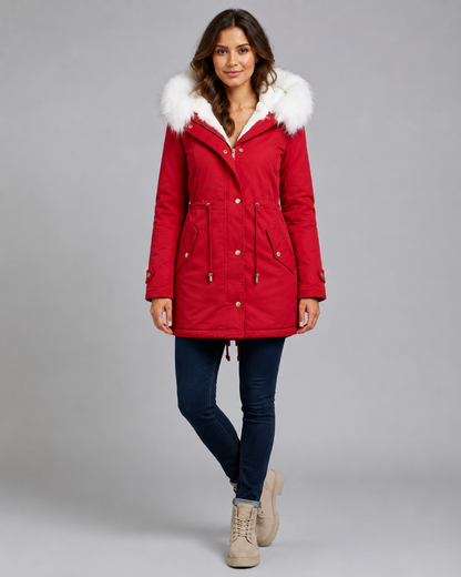 Fur Trim Hooded Long Parka Jacket with Drawstring Waist