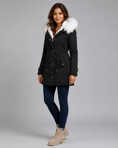 Fur Trim Hooded Long Parka Jacket with Drawstring Waist