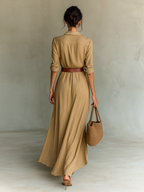 Long Maxi Dress with Notch Collar and Long Sleeves for Women