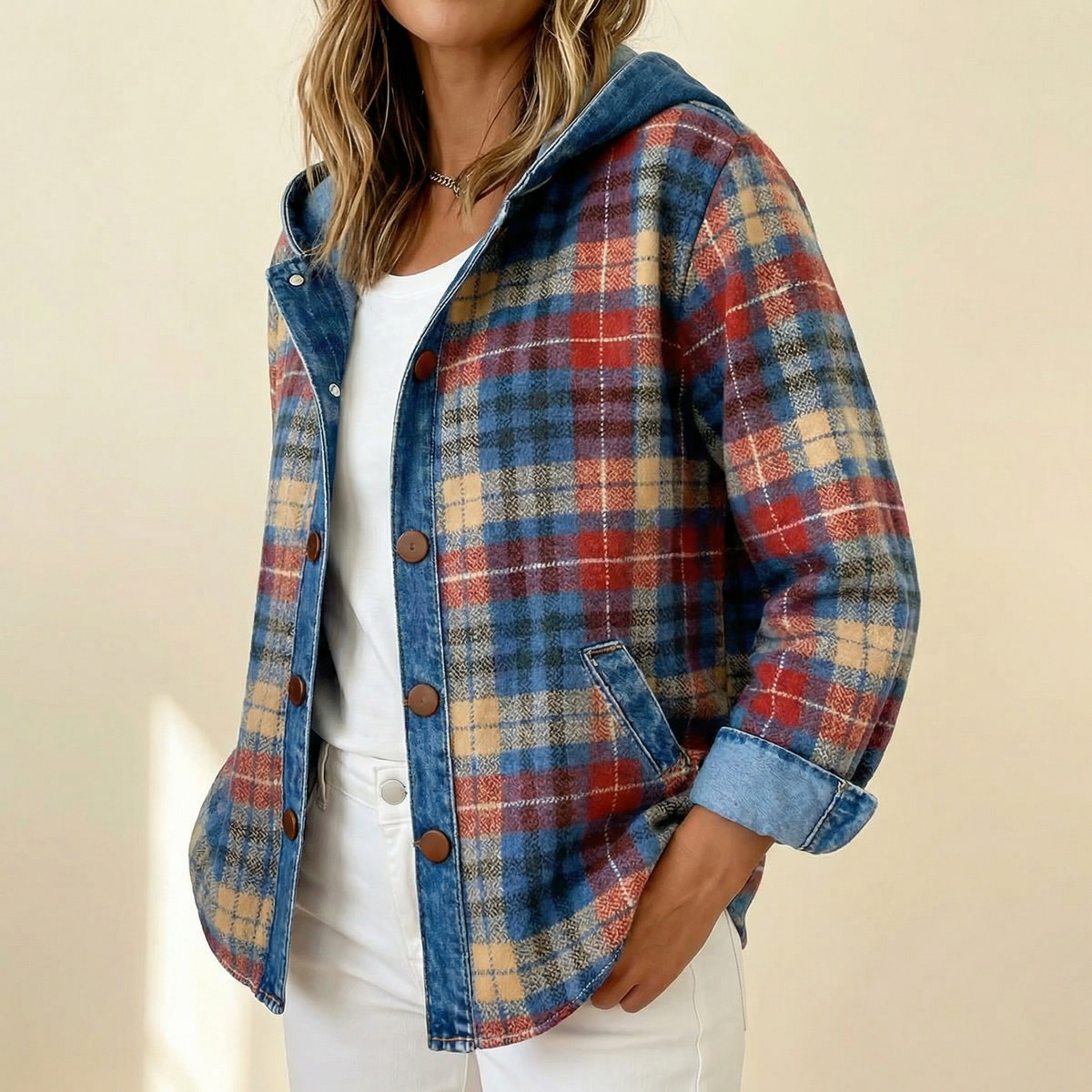 Jessy – Women’s Contrast Denim Plaid Hooded Jacket