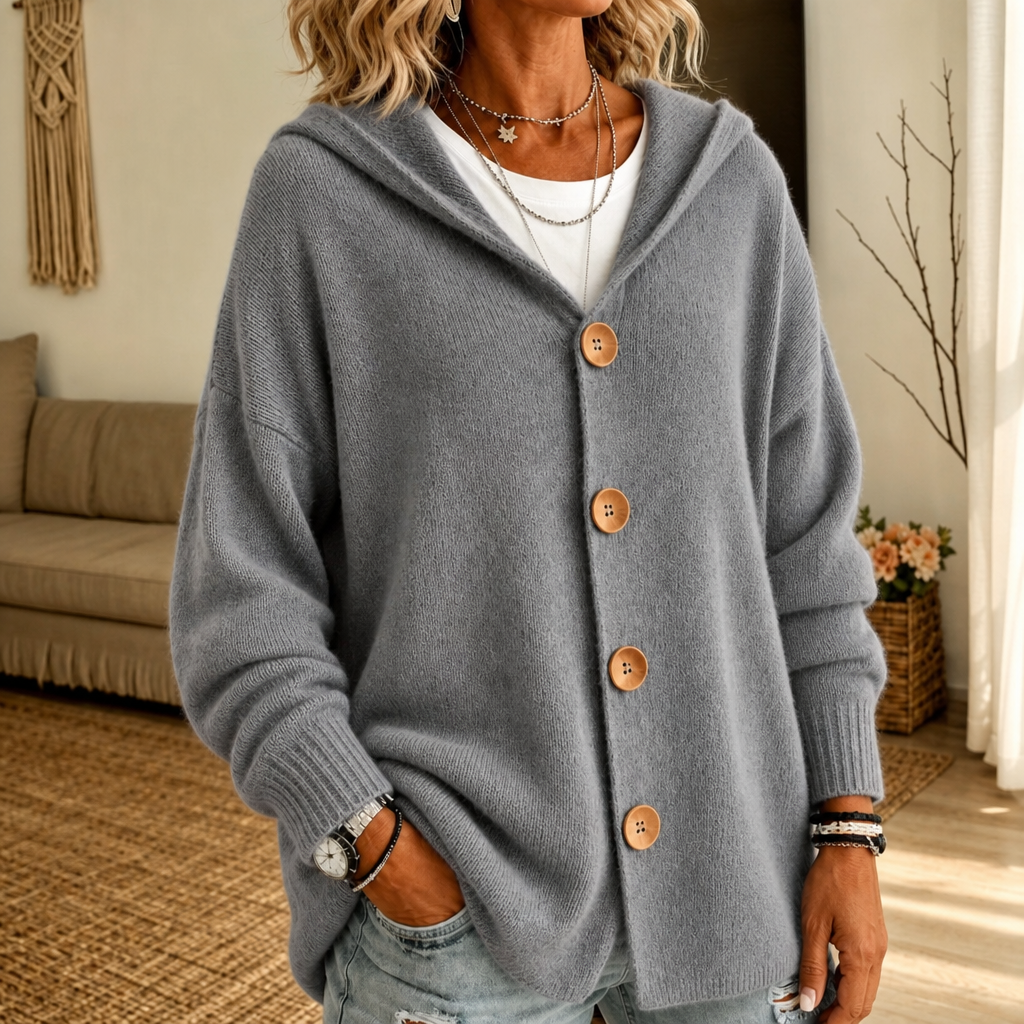Melissa – Hooded Waffle-Knit Button-Front Cardigan