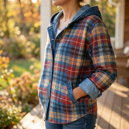 Jessy – Women’s Contrast Denim Plaid Hooded Jacket