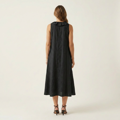 Vicky | Ruffle-Front V-Neck Sleeveless Linen Maxi Dress