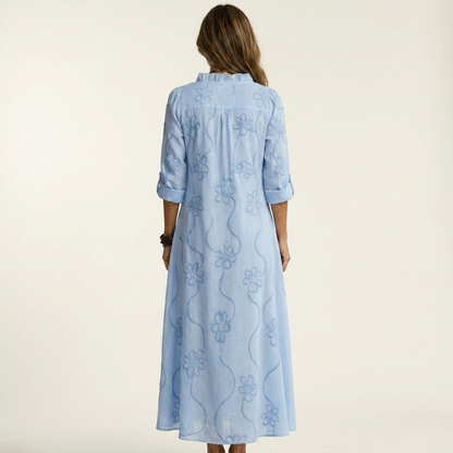 Mariam | Cotton-Linen Maxi Dress with Tonal Floral Embroidery
