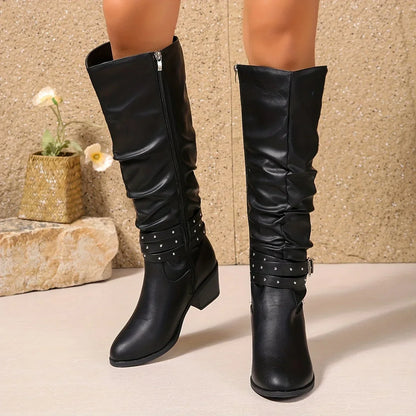 Knee High Western Boots For Women | Slouch Ruched Block Heel