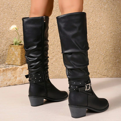 Knee High Western Boots For Women | Slouch Ruched Block Heel
