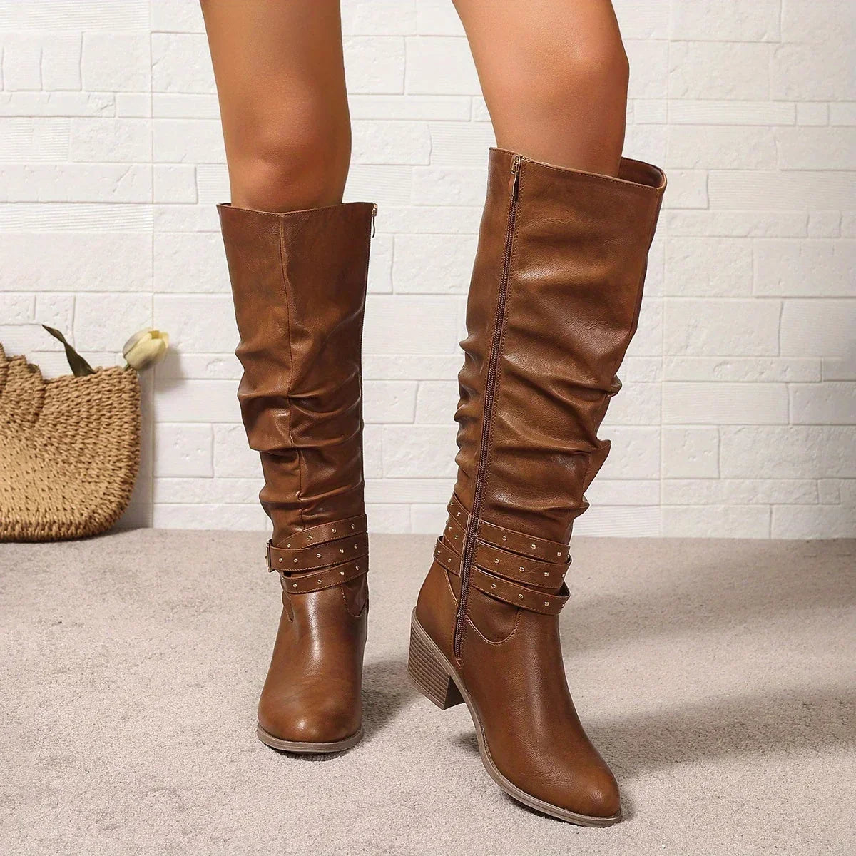 Knee High Western Boots For Women | Slouch Ruched Block Heel