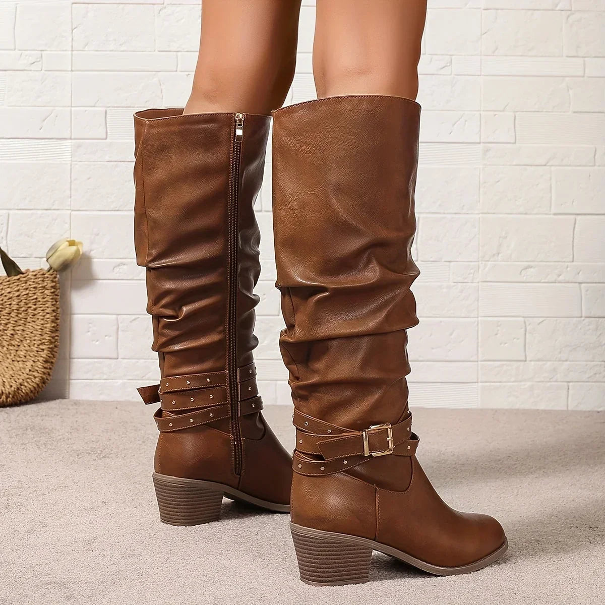 Knee High Western Boots For Women | Slouch Ruched Block Heel