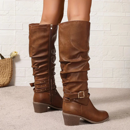 Knee High Western Boots For Women | Slouch Ruched Block Heel