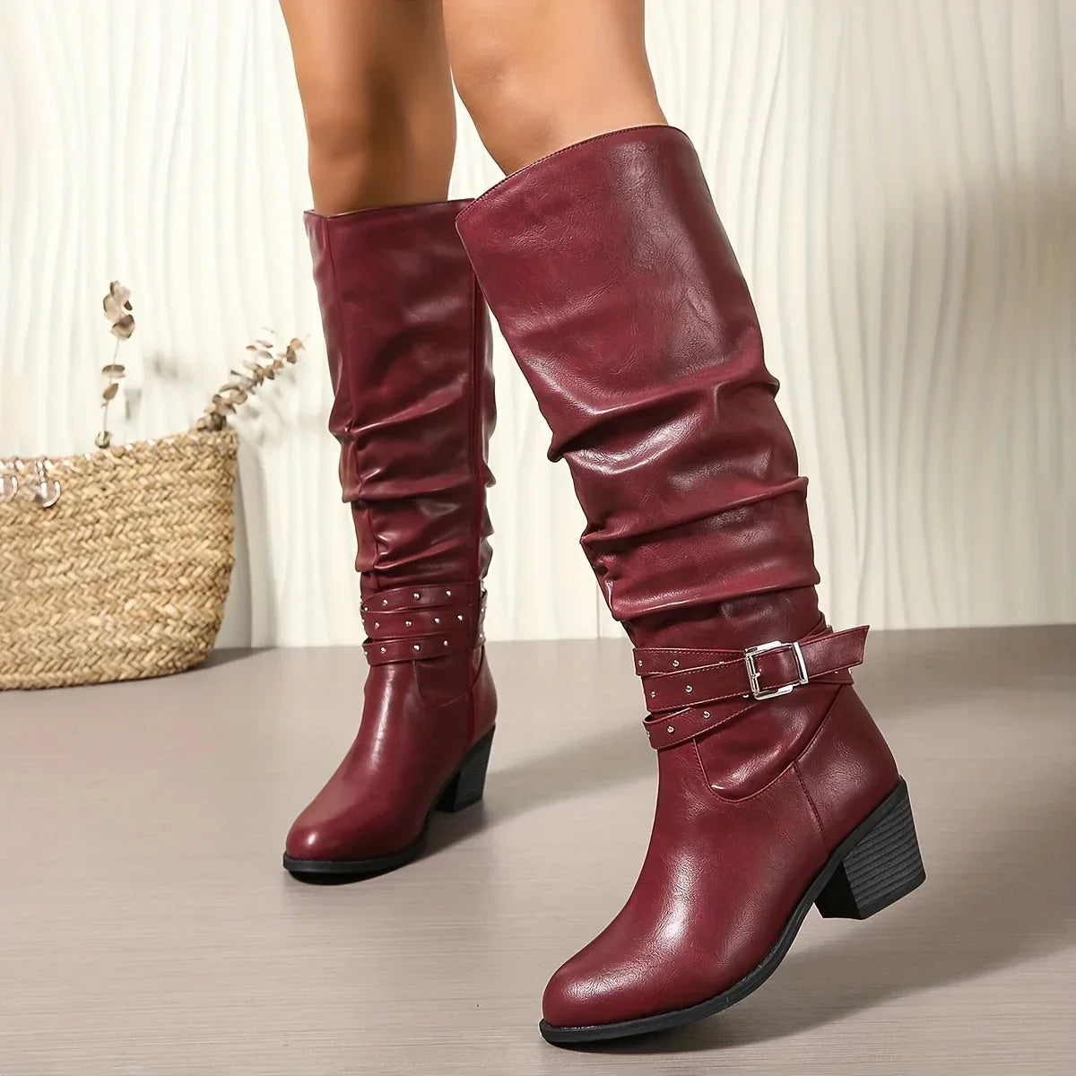 Knee High Western Boots For Women | Slouch Ruched Block Heel