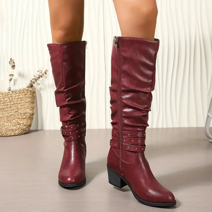 Knee High Western Boots For Women | Slouch Ruched Block Heel