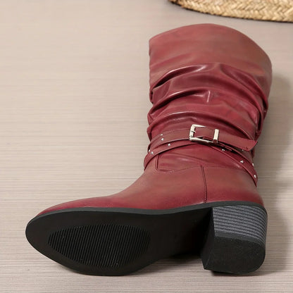 Knee High Western Boots For Women | Slouch Ruched Block Heel