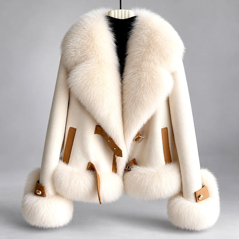 Leandra - Women’s Faux Suede Faux Fur Collar Cropped Jacket