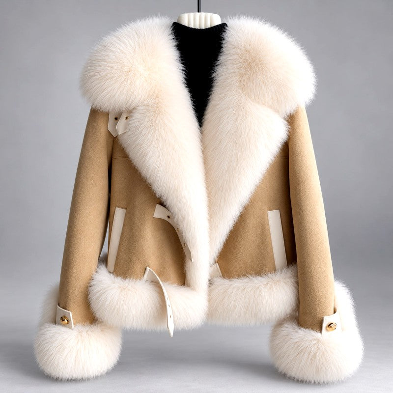Leandra - Women’s Faux Suede Faux Fur Collar Cropped Jacket
