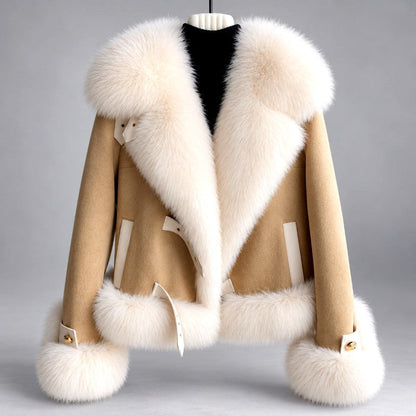 Leandra - Women’s Faux Suede Faux Fur Collar Cropped Jacket