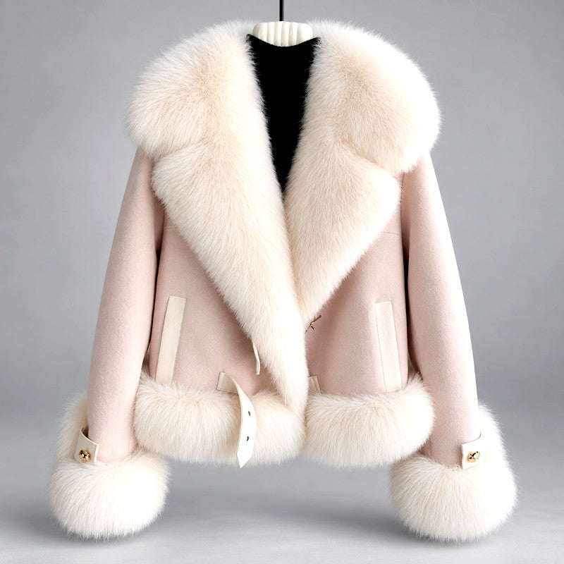 Leandra - Women’s Faux Suede Faux Fur Collar Cropped Jacket