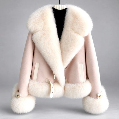 Leandra - Women’s Faux Suede Faux Fur Collar Cropped Jacket