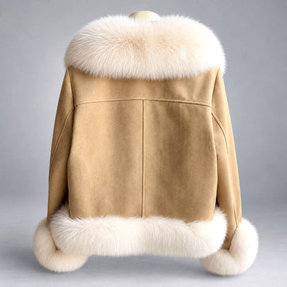 Leandra - Women’s Faux Suede Faux Fur Collar Cropped Jacket