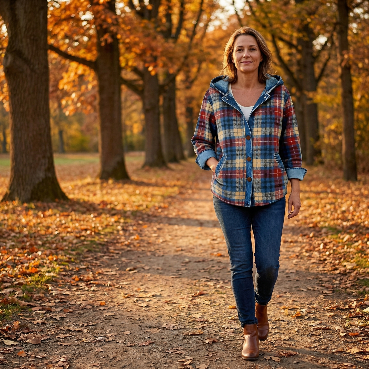 Jessy – Women’s Contrast Denim Plaid Hooded Jacket