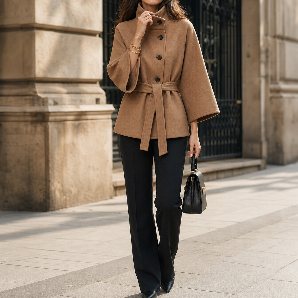 Vienna – Asymmetrical Belted High-Neck Jacket
