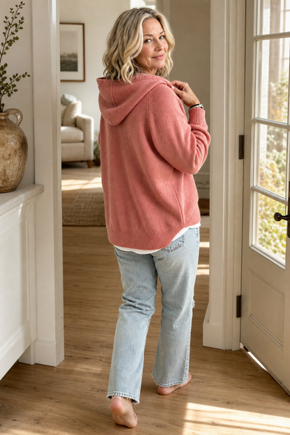 Ashley – Drawstring Hood Ribbed Knit Hoodie Pullover