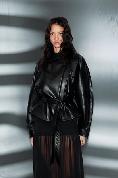 MARVENA Leather Look Peplum Jacket