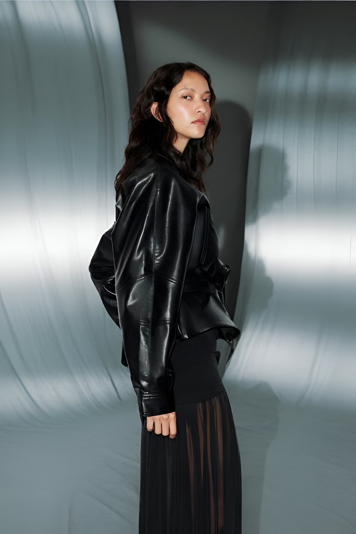 MARVENA Leather Look Peplum Jacket