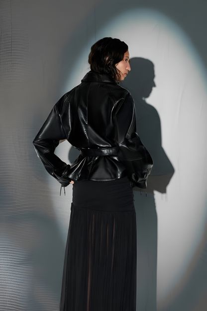 MARVENA Leather Look Peplum Jacket
