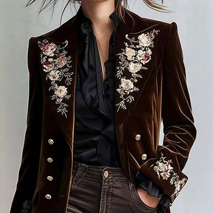 Monroe - Women’s Floral Embroidered Velvet Long Coat