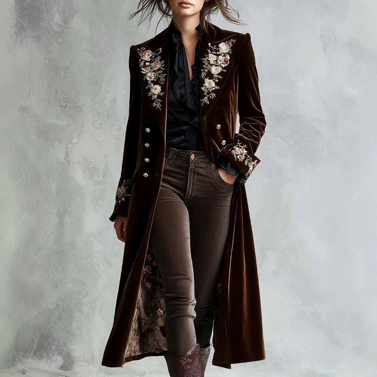 Monroe - Women’s Floral Embroidered Velvet Long Coat