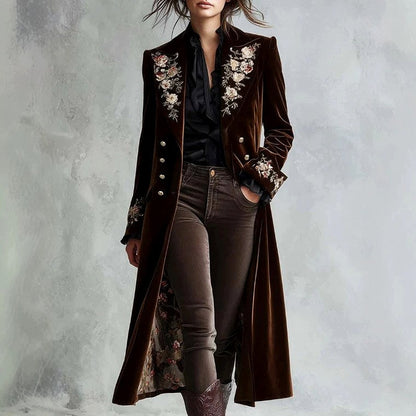 Monroe - Women’s Floral Embroidered Velvet Long Coat