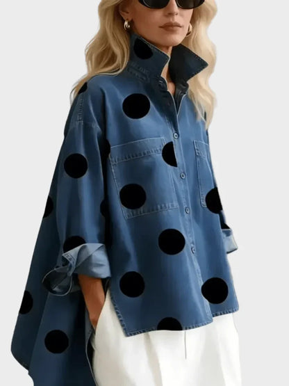 Molly | Elegant Artistic Polka Dot Print Stand-collar Denim Top