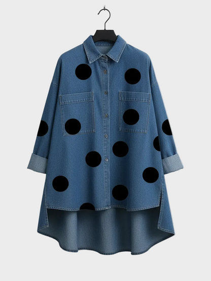 Molly | Elegant Artistic Polka Dot Print Stand-collar Denim Top