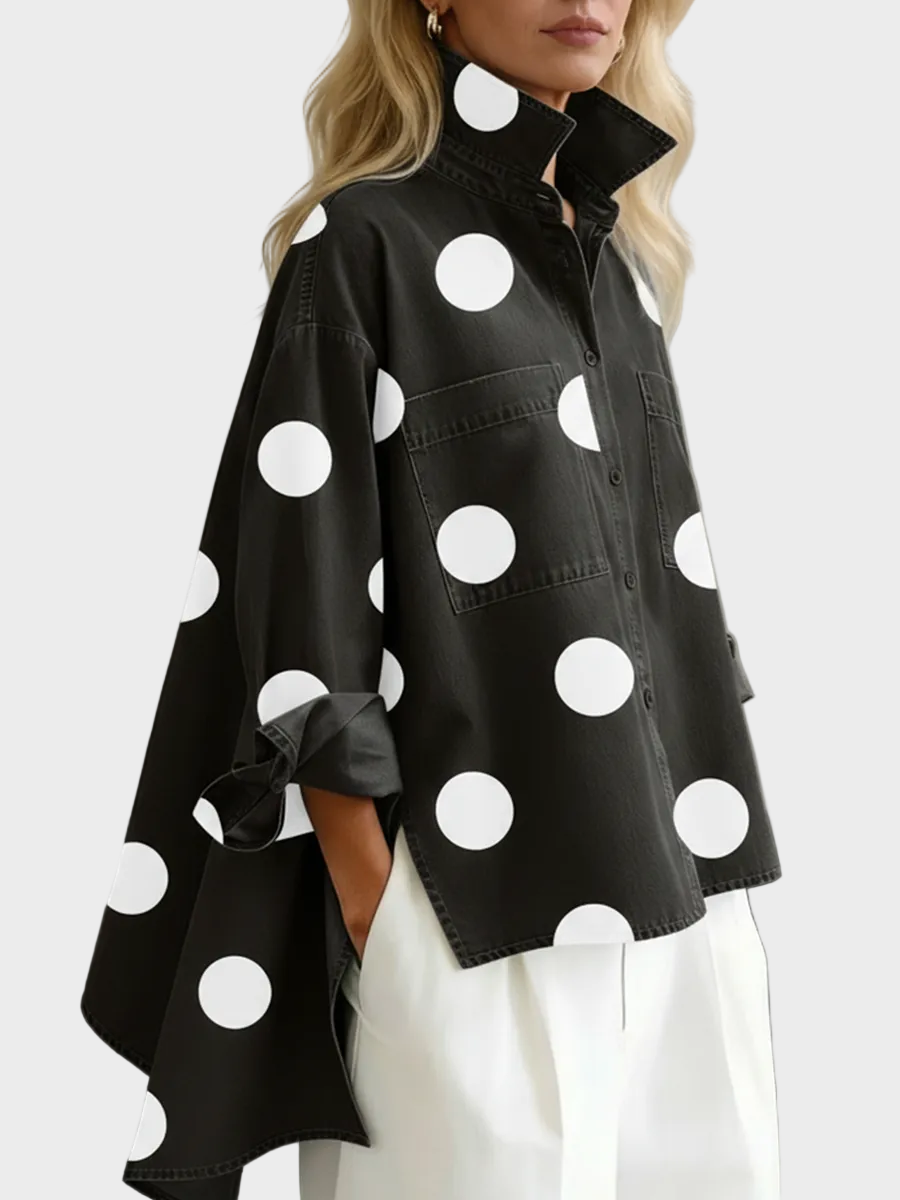 Molly | Elegant Artistic Polka Dot Print Stand-collar Denim Top