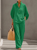 Eszter™ – Cotton-linen set with batwing sleeves and wide-leg trousers • S1