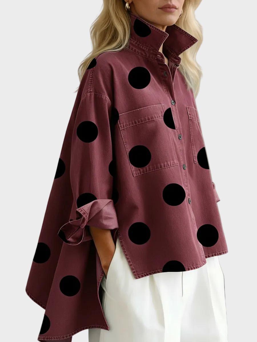 Molly | Elegant Artistic Polka Dot Print Stand-collar Denim Top
