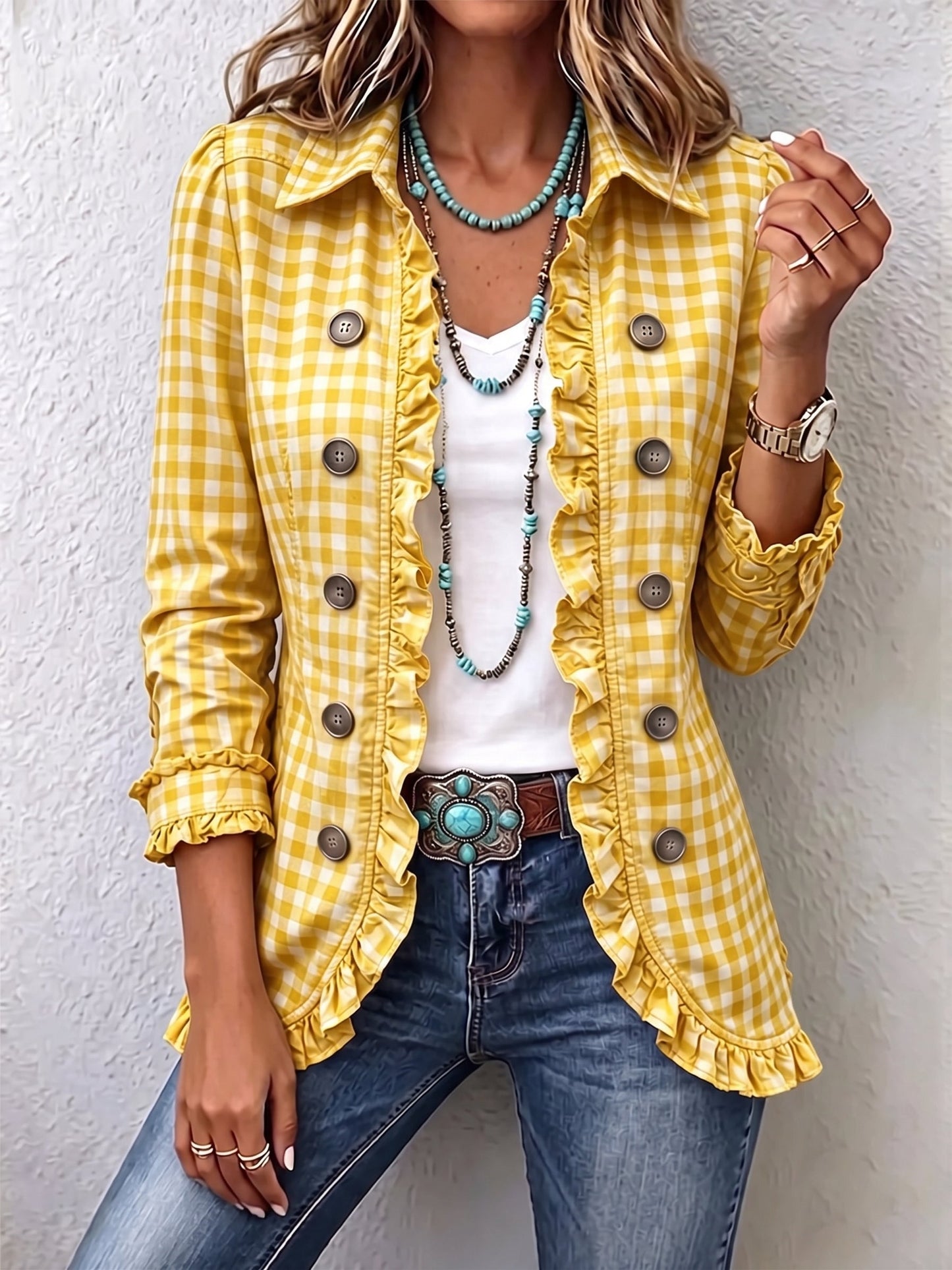 Charlene | Gingham Ruffled Button-Down Jacket