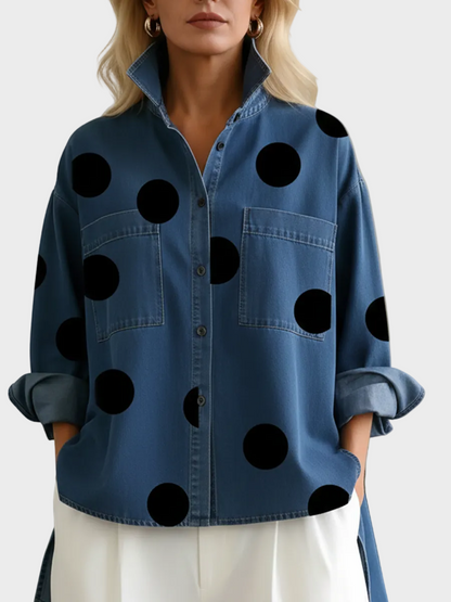 Molly | Elegant Artistic Polka Dot Print Stand-collar Denim Top