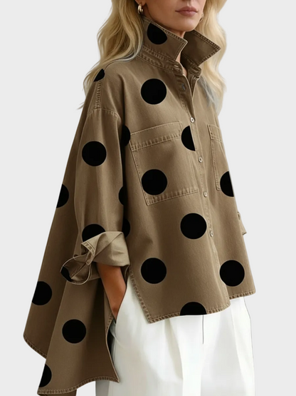 Molly | Elegant Artistic Polka Dot Print Stand-collar Denim Top