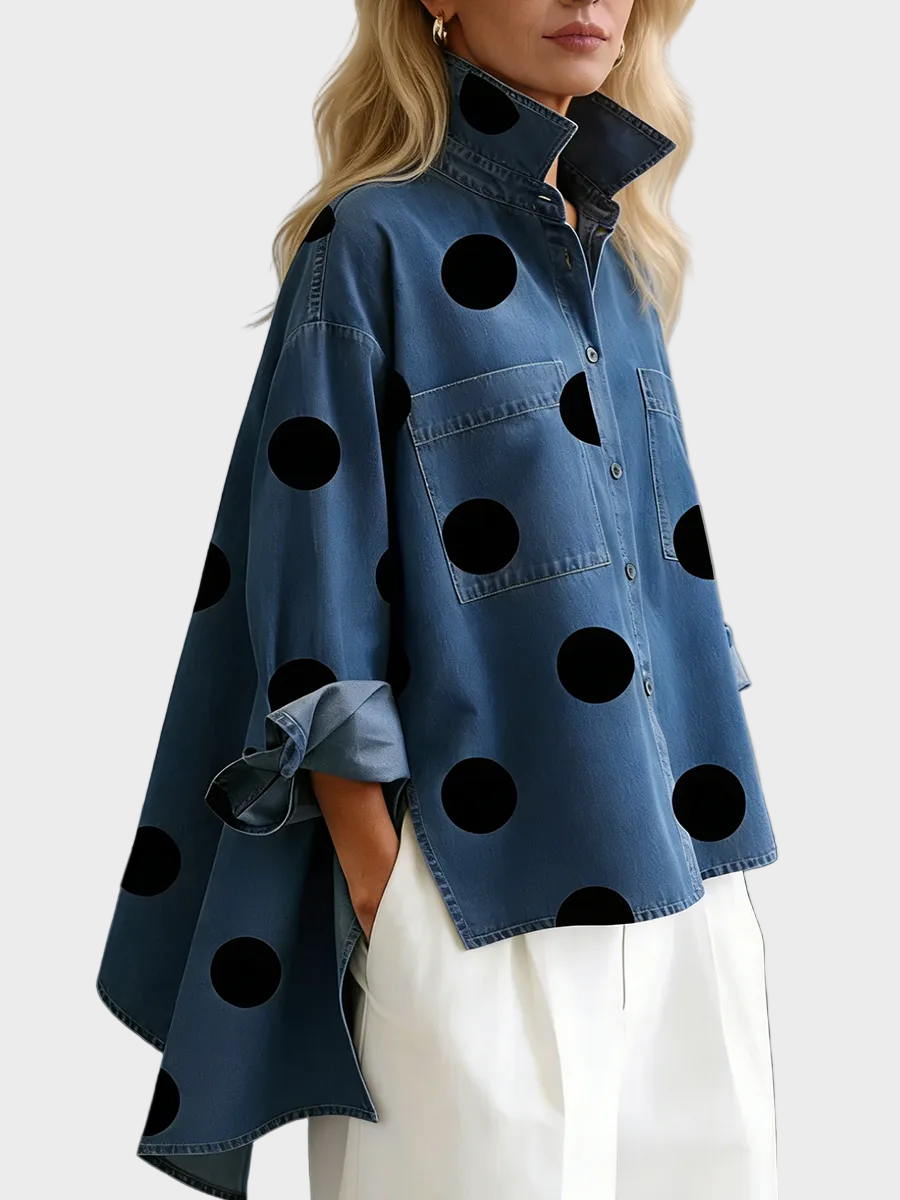 Molly | Elegant Artistic Polka Dot Print Stand-collar Denim Top