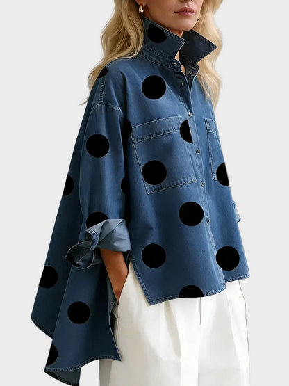 Molly | Elegant Artistic Polka Dot Print Stand-collar Denim Top