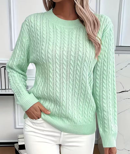Women's Cable-Knit Crew-Neck Sweater with Ribbed Trim