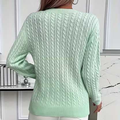Women's Cable-Knit Crew-Neck Sweater with Ribbed Trim